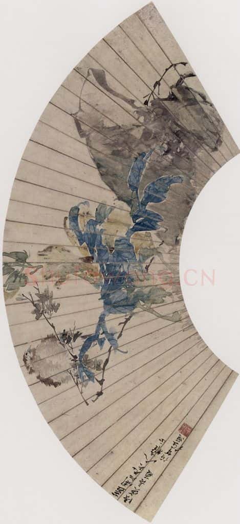 1878年 任伯年《秋葵鸟石图》书画作品