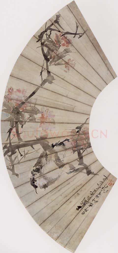 1879年 任伯年《碧桃小鸟》书画作品