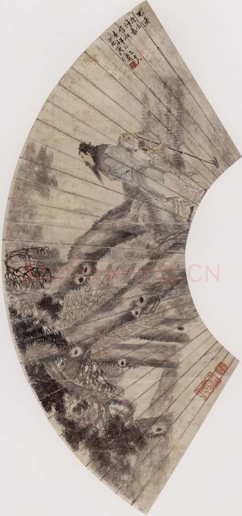1880年 任伯年《松下立锄图》书画作品