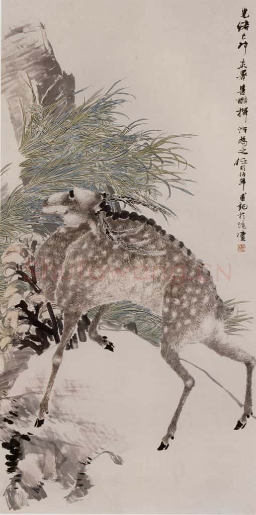 1879年 任伯年《兰鹿图》书画作品