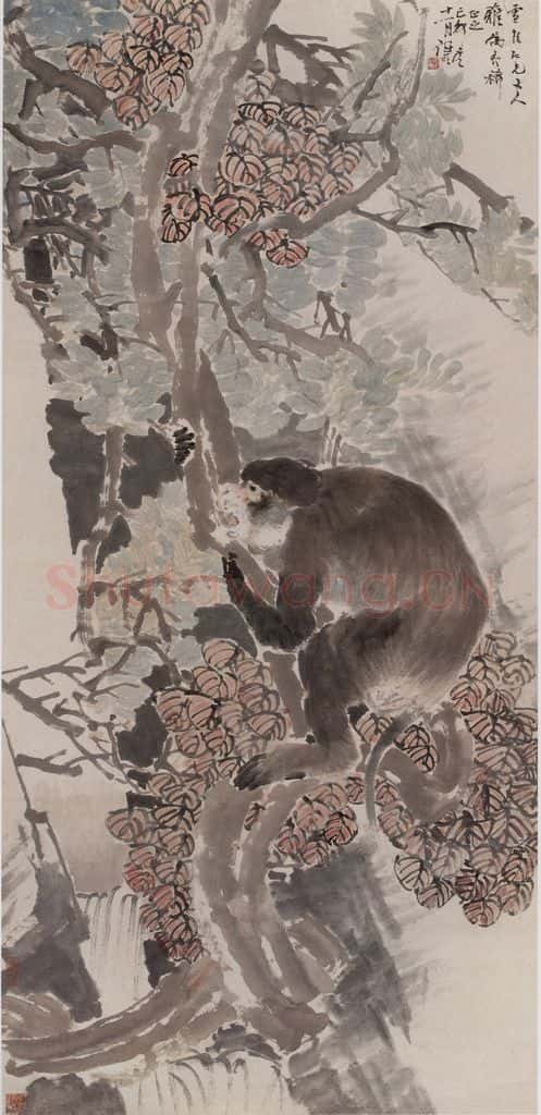 1879年 任伯年《枫猴图》书画作品