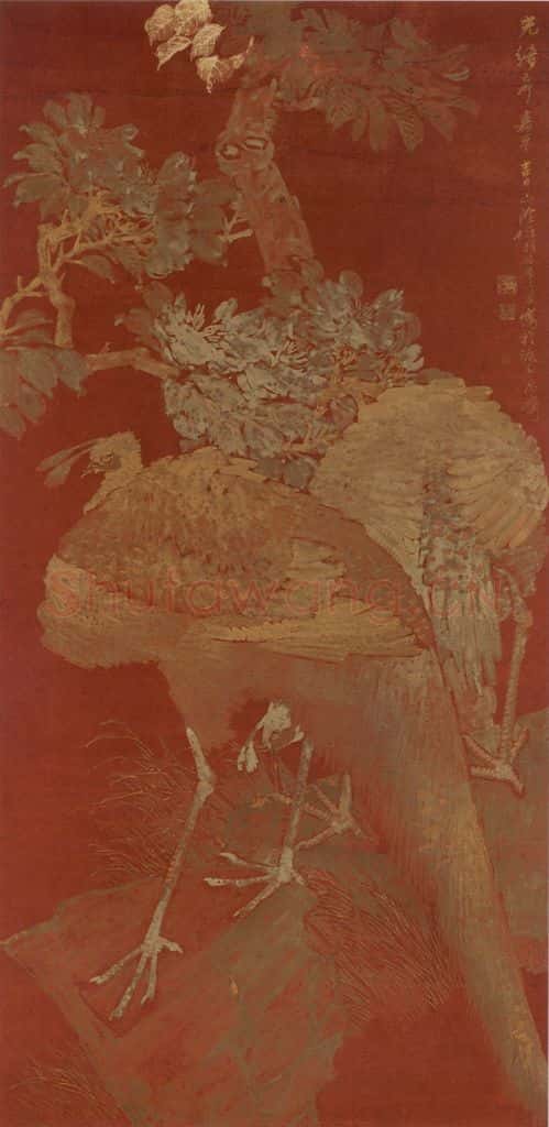 1879年 任伯年《牡丹孔雀》书画作品
