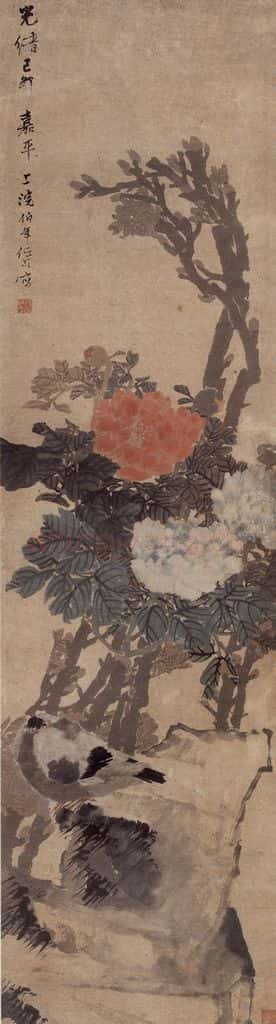 1879年 任伯年《牡丹鹁鸪图》书画作品