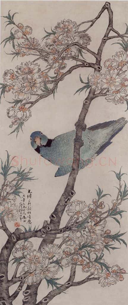 1879年 任伯年《碧桃鹦鹉》书画作品