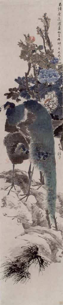 1880年 任伯年《牡丹孔雀图》书画作品