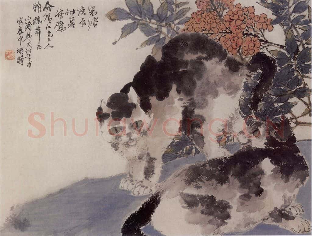 1880年 任伯年《天竹双猫图》书画作品