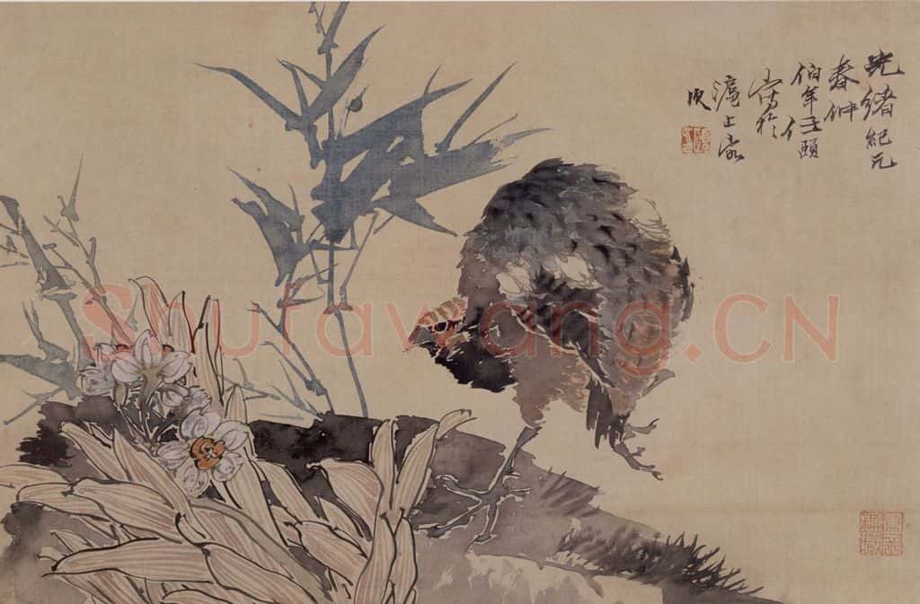 1875年 任伯年《水仙竹鸡图》书画作品