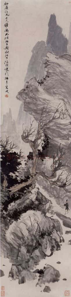 1876年 任伯年《秋山策杖图》书画作品