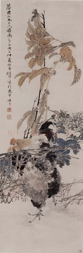 1876年 任伯年《秋园双鸡图》书画作品