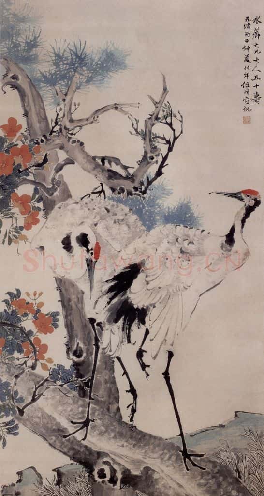1876年 任伯年《松鹤图》书画作品