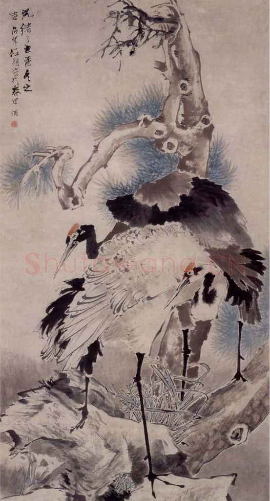 1877年 任伯年《松石双鹤图》书画作品