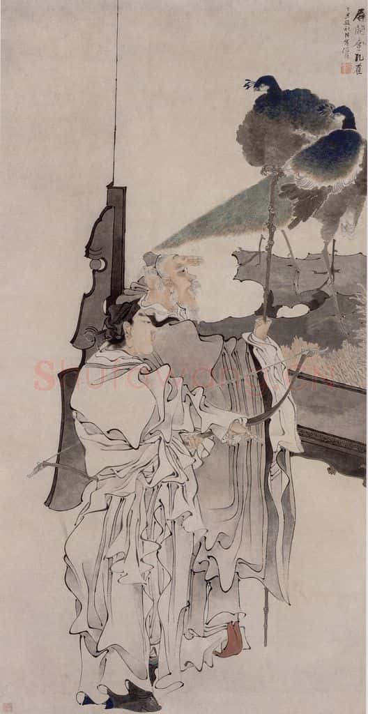 1877年 任伯年《屏开金孔雀》书画作品