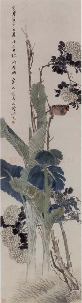 1882年 任伯年《绣球芭蕉》书画作品