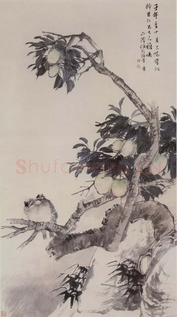 1882年 任伯年《桃实白头》书画作品