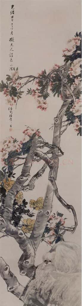 1882年 任伯年《花阴小犬图》书画作品