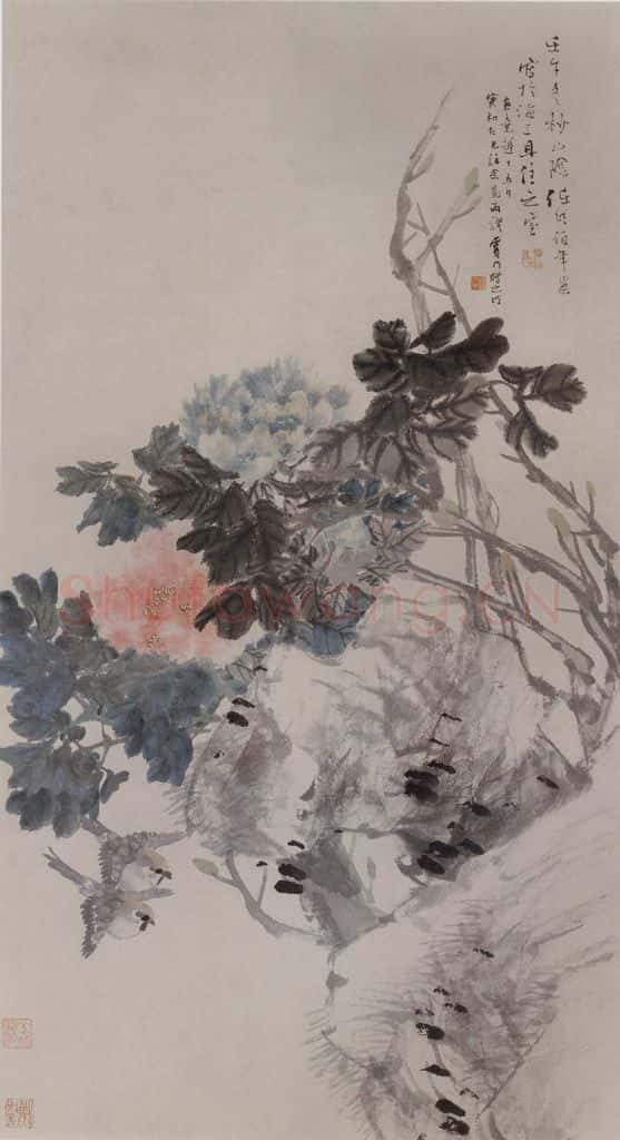 1882年 任伯年《牡丹飞雀图》书画作品