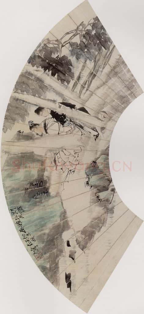 清 任伯年《人物花鸟扇面册》书画作品