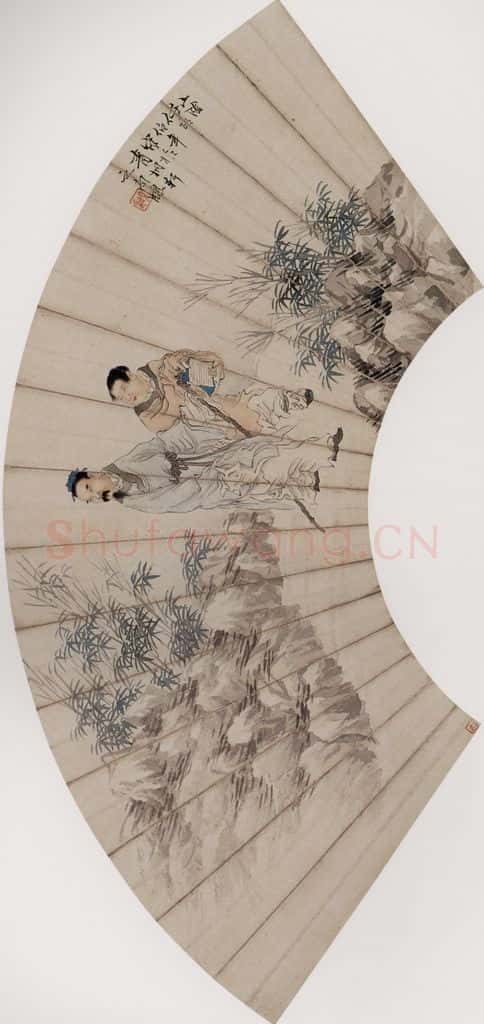清 任伯年《竹间策杖图》书画作品