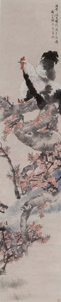 1880年 任伯年《桃花双鸡图》书画作品
