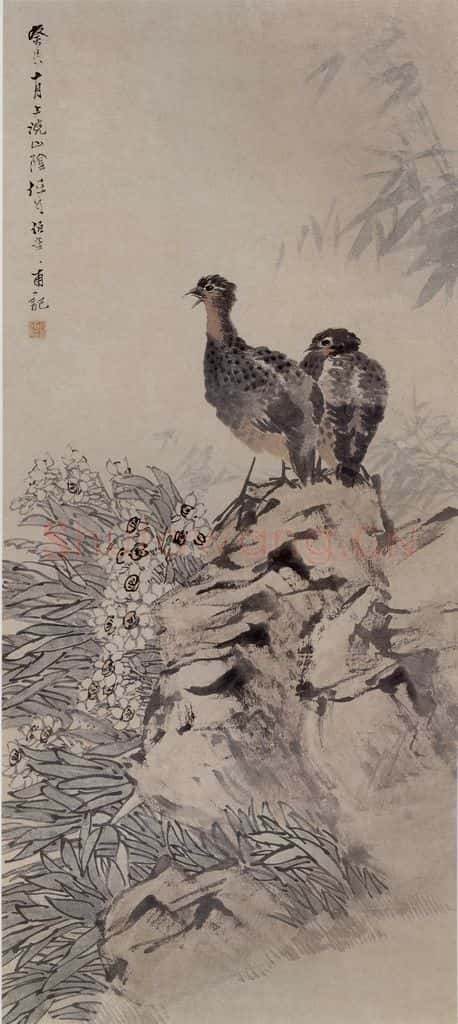 1883年 任伯年《鹁鸪水仙图》书画作品