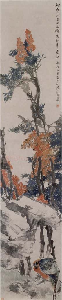 1880年 任伯年《天竹锦鸡图》书画作品