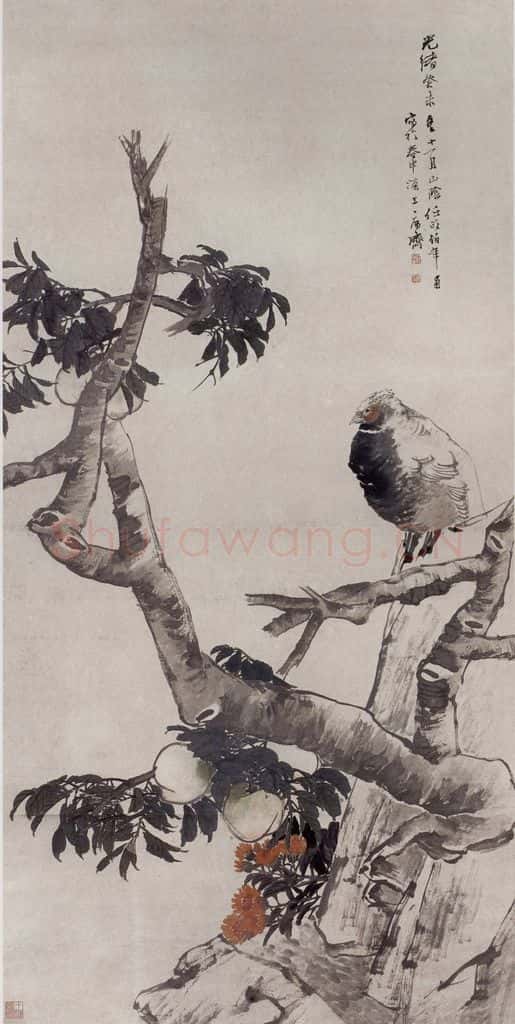 1883年 任伯年《桃实山禽图》书画作品