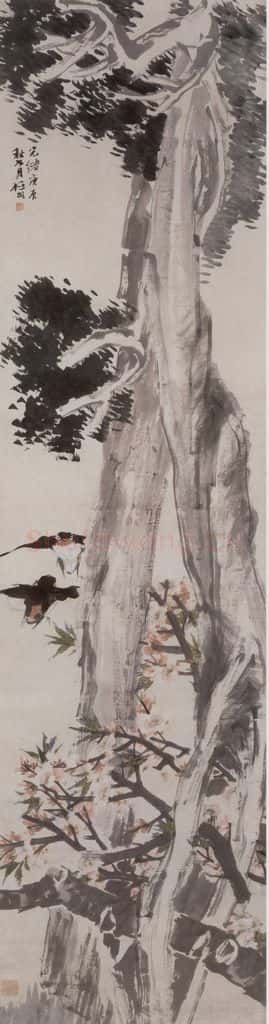 1880年 任伯年《桃柏双燕图》书画作品