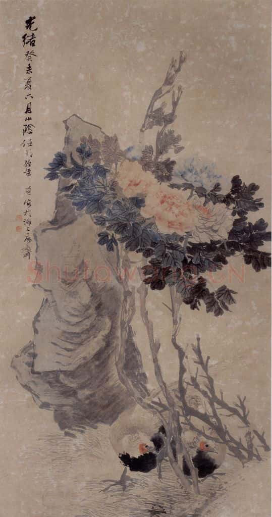 1883年 任伯年《牡丹双鸡图》书画作品