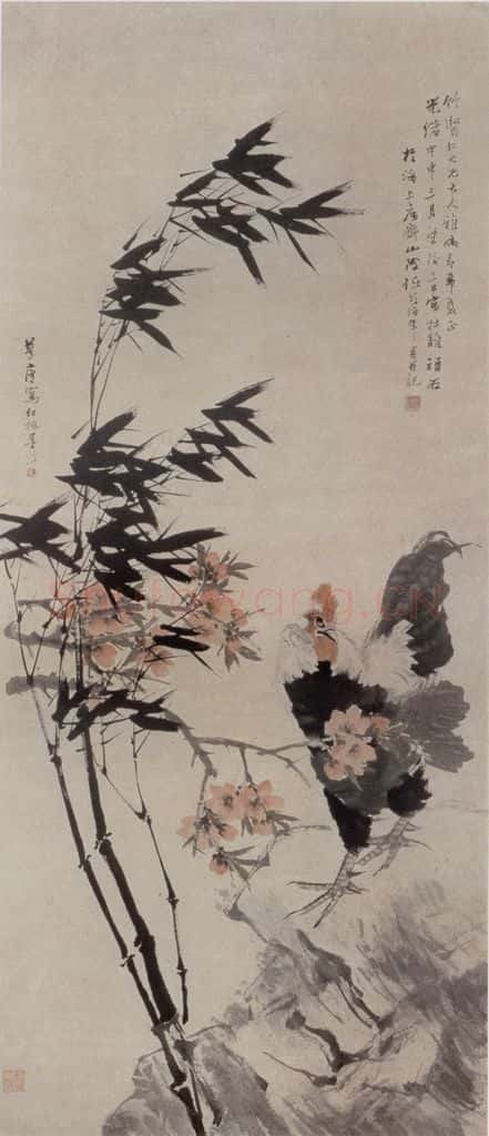 1884年 任伯年《牡鸡顽石图》书画作品