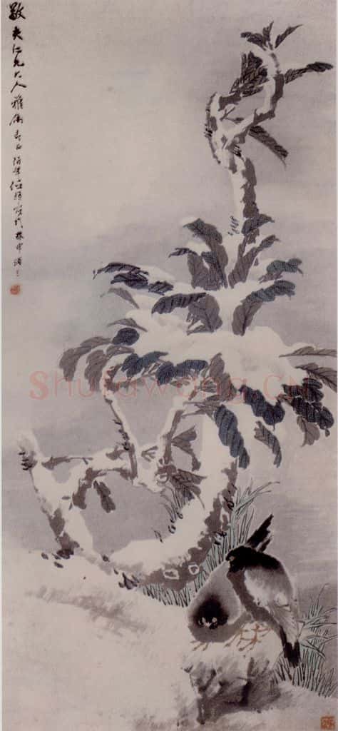 清 任伯年《雪地双鸽图》书画作品