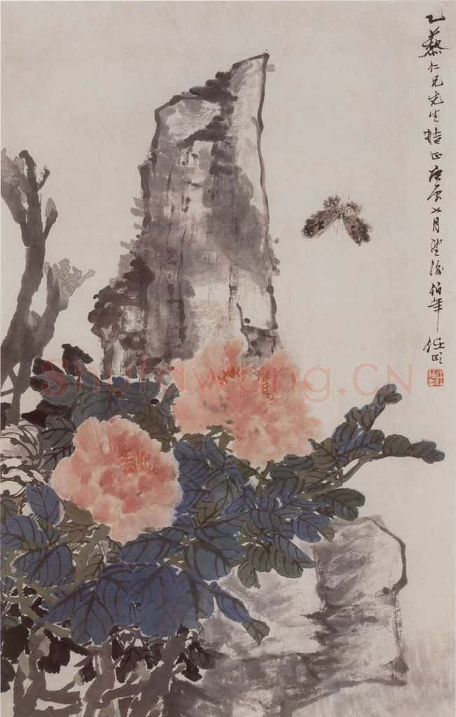 1880年 任伯年《牡丹蛱蝶图》书画作品