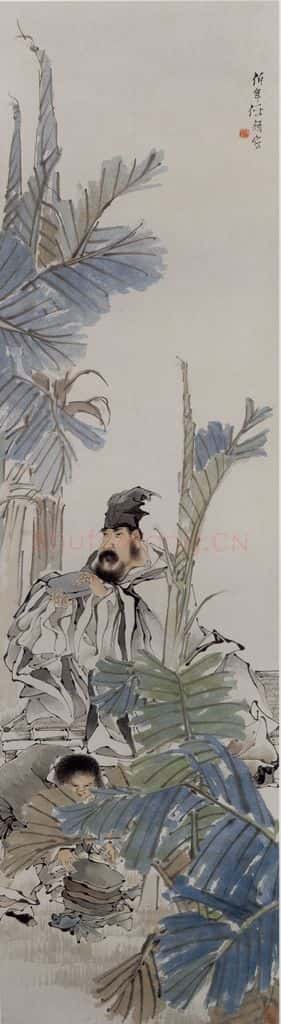 清 任伯年《蕉阴品砚图》书画作品