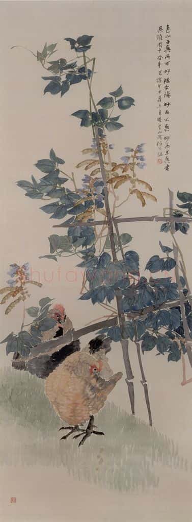 1884年 任伯年《豆架双鸡图》书画作品