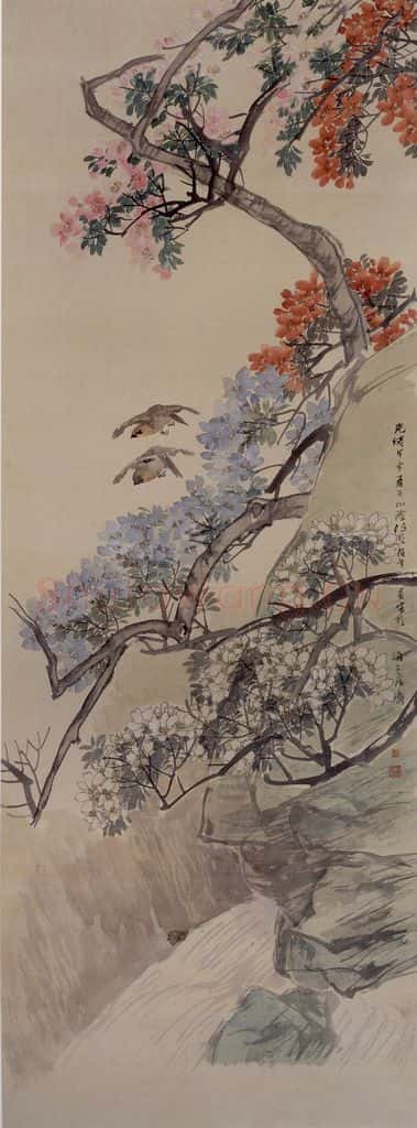 1884年 任伯年《杜鹃双雀图》书画作品