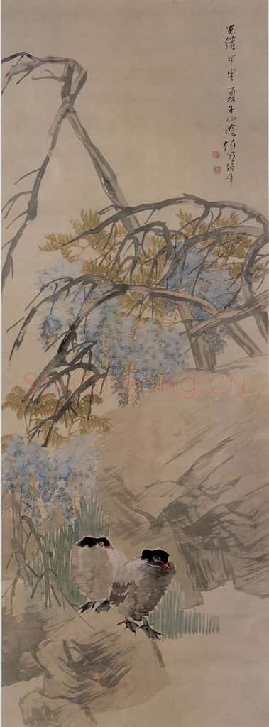 1884年 任伯年《紫藤双禽图》书画作品