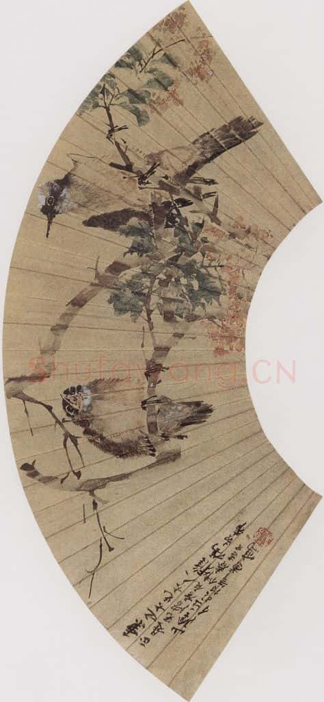 1880年 任伯年《枝头鸣禽图》书画作品