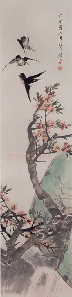 1884年 任伯年《碧桃春燕图》书画作品
