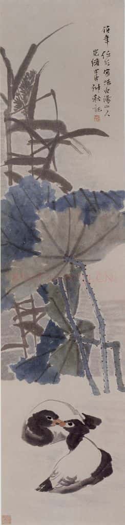 1884年 任伯年《荷花双鸭》书画作品