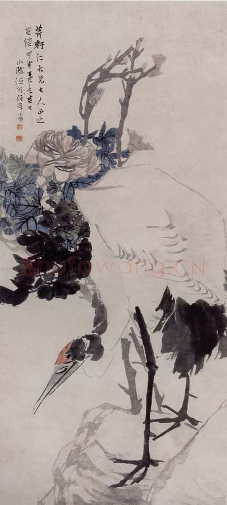 1884年 任伯年《牡丹仙鹤图》书画作品