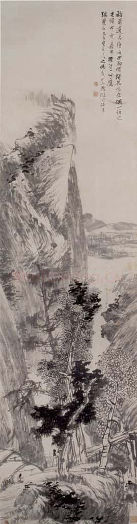 1884年 任伯年《溪桥听泉图》书画作品