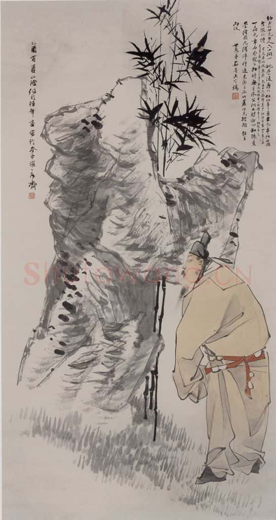 1885年 任伯年《米元章拜石图》书画作品