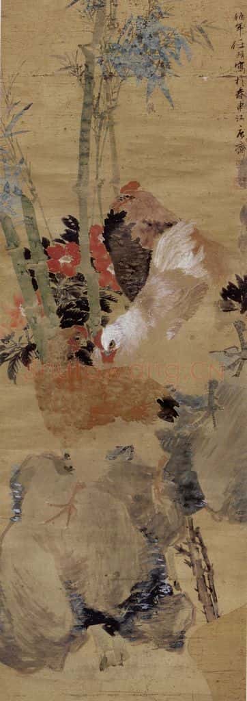 清 任伯年《茶花三鸡图》书画作品