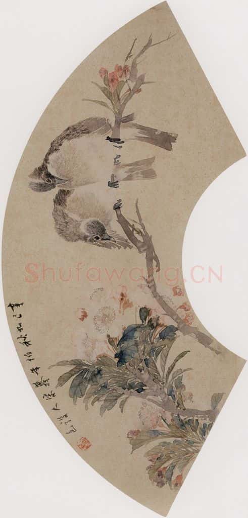 1881年 任伯年《海棠小鸟图》书画作品