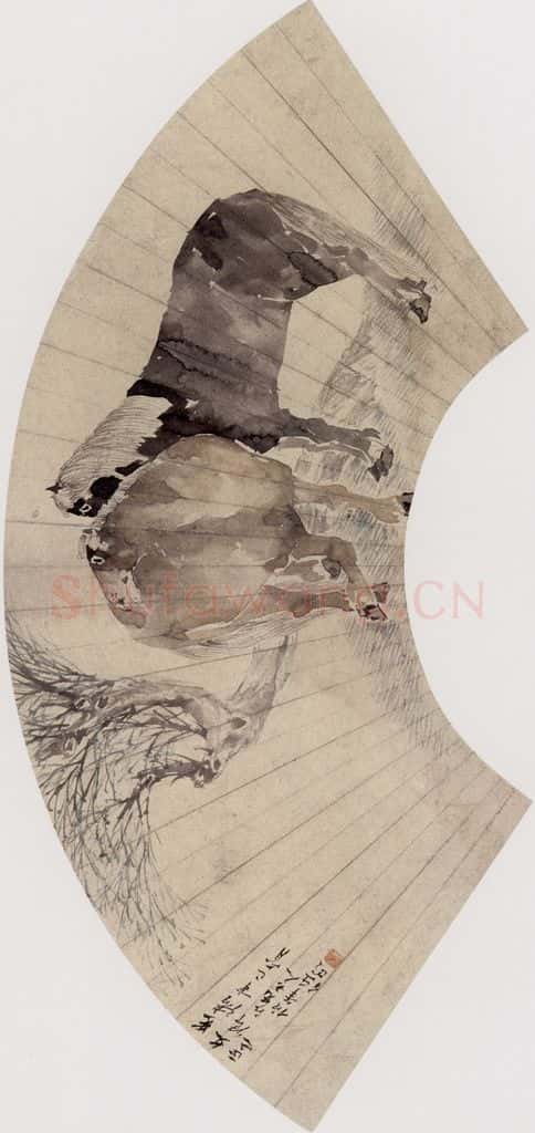 1881年 任伯年《双马图》书画作品