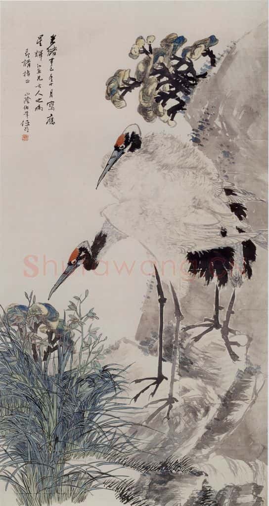 1881年 任伯年《芝兰双鹤》书画作品