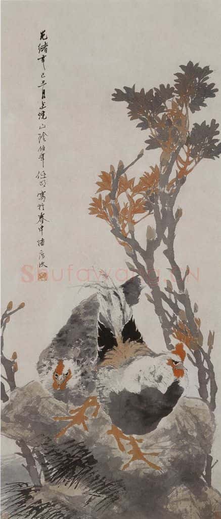 1881年 任伯年《牡丹双鸡图》书画作品
