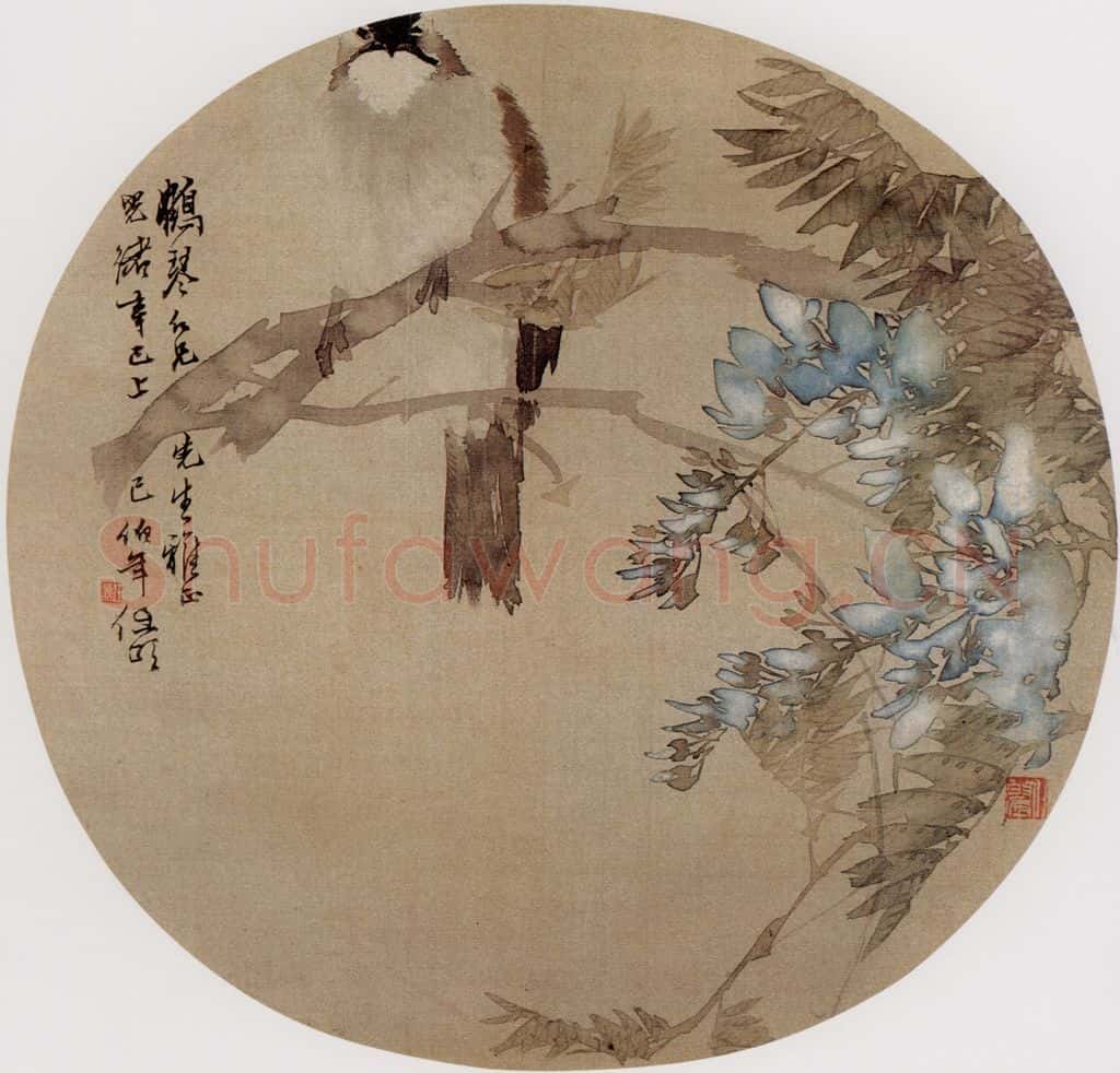 1881年 任伯年《紫藤小鸟图》书画作品