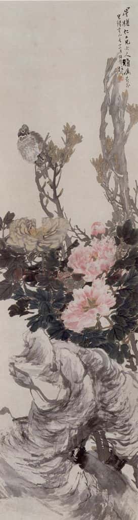 1881年 任伯年《牡丹栖禽图》书画作品