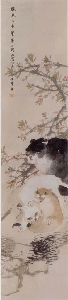清 任伯年《桃花母子猫图》书画作品