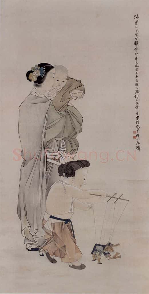 1882年 任伯年《仕女戏婴图》书画作品
